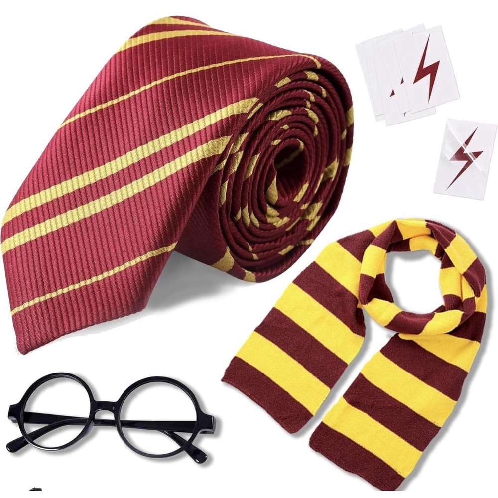 Harry Potter Gryffindor Scarf, Tie, Glasses & Lightning Bolt Set - Brand New